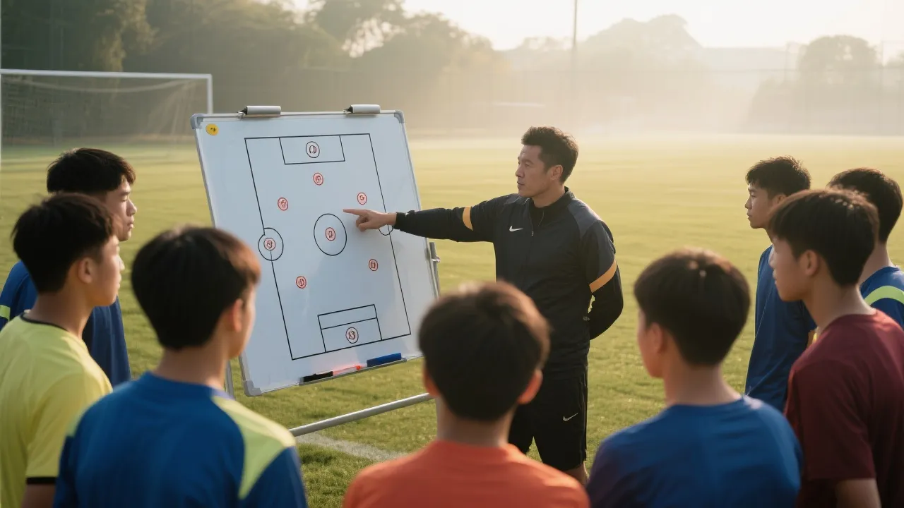 训练场上教练讲解战术板，年轻球员专注聆听的纪实风画面