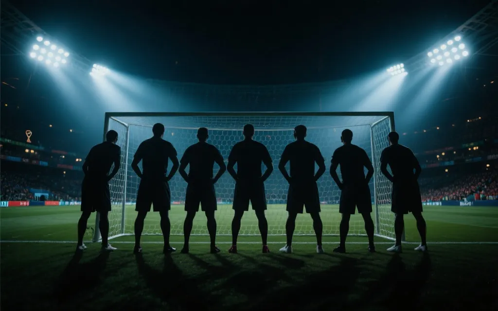 世界杯球场夜景与球队防线站位示意，强调零封主题