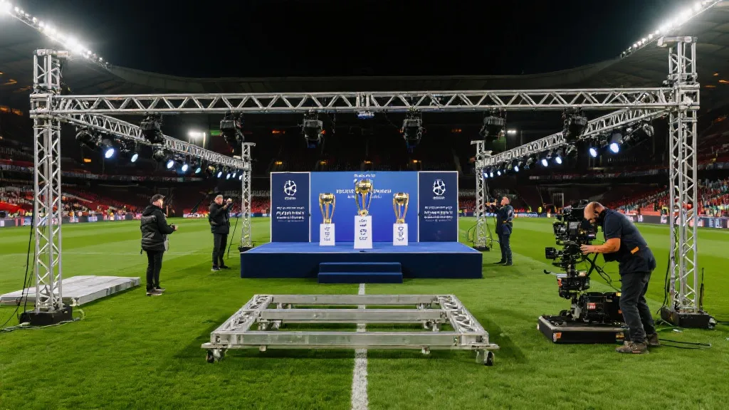 夜间球场上搭建颁奖舞台与灯光的现场，工作人员忙碌，纪实风格